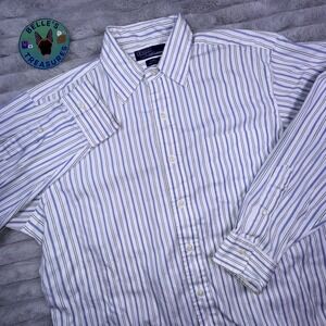 Polo Ralph Lauren Men's Large 16 Lowell Button Down LS White Blue‎ Striped Shirt